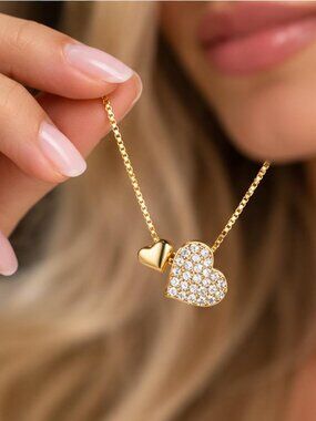 925 Sterling Silver 18K Gold Plated Double Heart CZ Necklace
